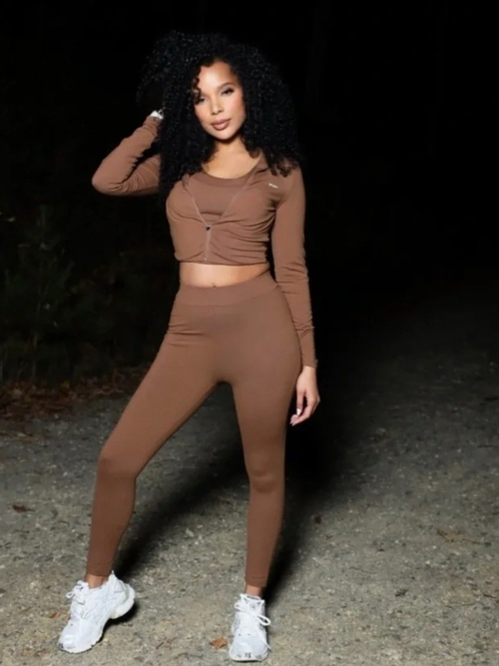 waydamin sport Other - Brown Two-Piece Active Set - Cropped Zip Top & High-Waist Leggings